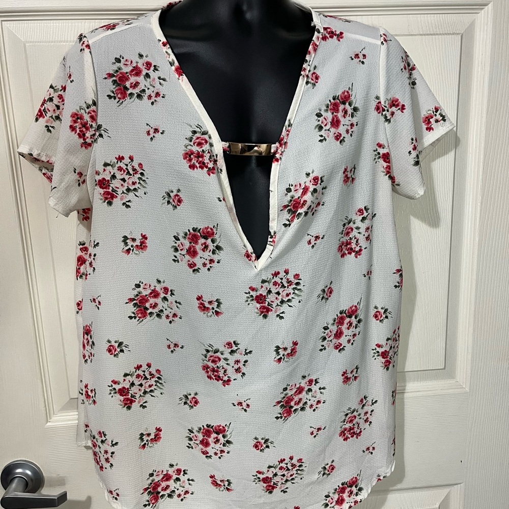 Floral V-Neck White Top